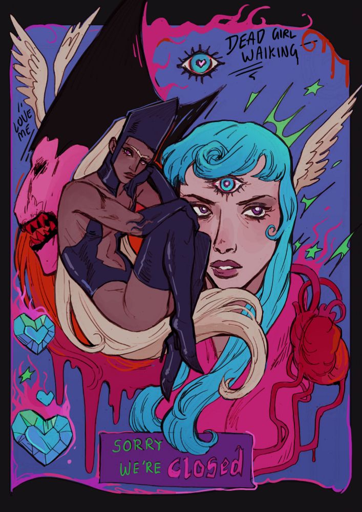 Fanart of the game "sorry we're closed", with the duchess curled into a ball looking seductively at the viewer, and protagonist Michelle behind them looking to the side. There are shining blue hearts and a stylised red heart around them. A pink demon is also in the background.