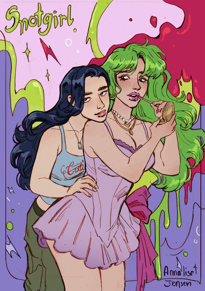 Fanart of lottie and caroline from the comic Snotgirl. Lottie has green hair, a light purple dress and is applying lip gloss,  while Caroline (wearing a blue singlet and khaki cargo pants)  stands behind her with a hand on Lottie's waist. The background is bright purple and green with stylised blood on the side.