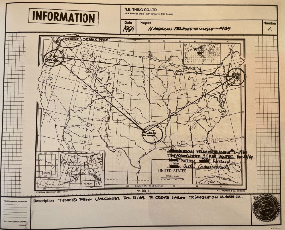 photograph of an N.E. Thing Co. telex work from 1969 titled "N. American Telexed Triangle". map of the lower quarter of Canada and most of the U.S. and a two triangles drawn between Vancouver, Portland, Dallas and Boston