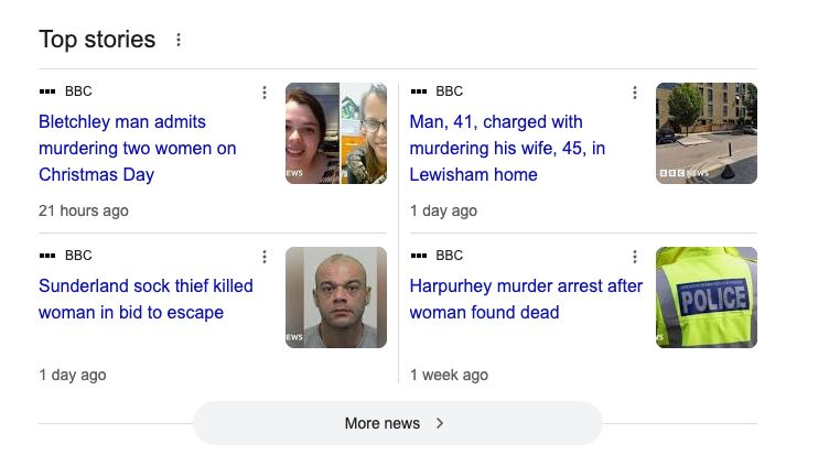 A screengrab of the BBC website showing three stories from the past two days of men murdering women, and one from a week ago.