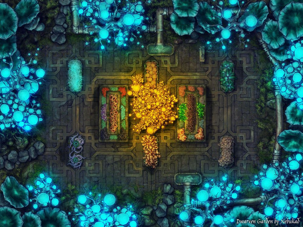 Map of a dwarven garden. Surrounded by glowing giant mushrooms and illuminated by glowing orb trees a large Sortiment of underdark plants and crystals are growing in large vats decorated in dwarven patterns and runes. Pipes fill two vats with water and on the side there is a work bench with everything a dwarven gardener might need