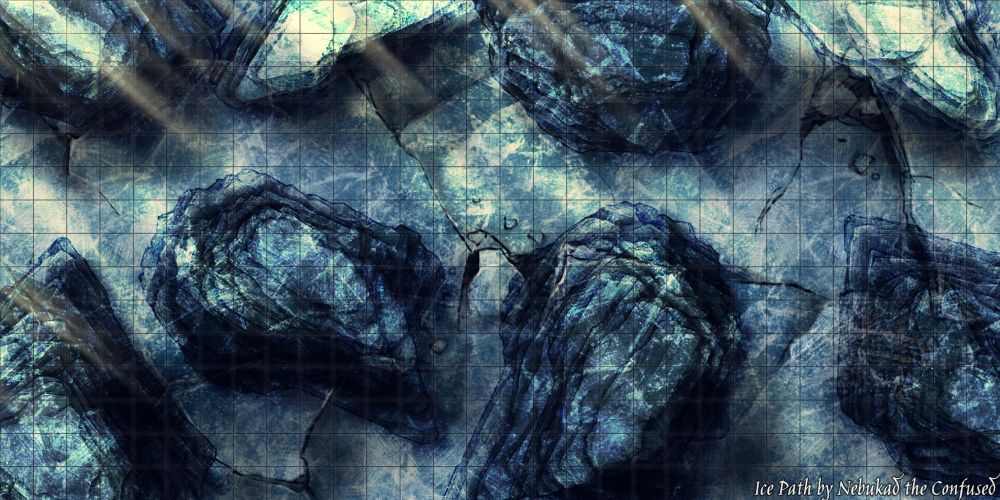 Map of a frozen Canyon. The ice covering the ground is cracked and treacherous footing. Towers of dark Ice create different paths 