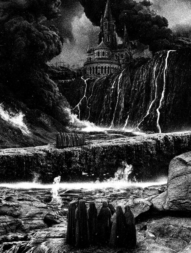 Figures make their way up a winding pathway beset by lava and fire and smoke. Embers float everywhere. Far off in the distance perched on the edge of a humongous cliff is a horrible church. Lava pours down the cliff face. Smaller figures can be seen on the cliff nearing the church.