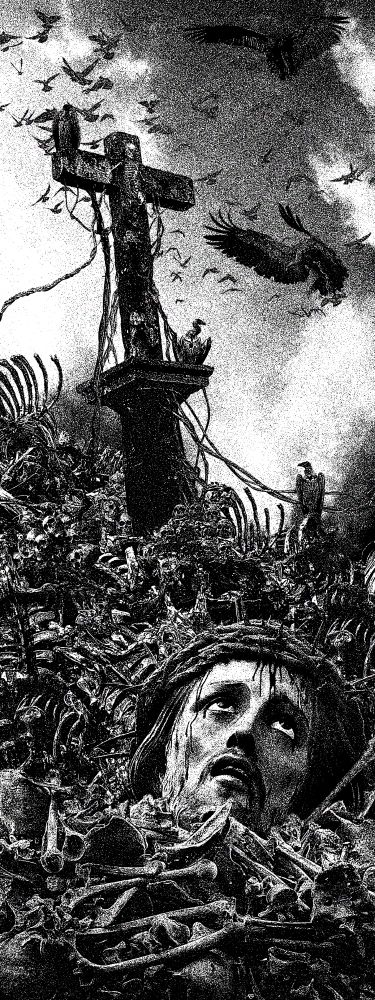 Christ's decapitated head rests in a sea of bones and viscera. A flock of carrion birds circles overhead. A vulture rests on the bones, the others on a pitted, ruined cross being strangled by vines.