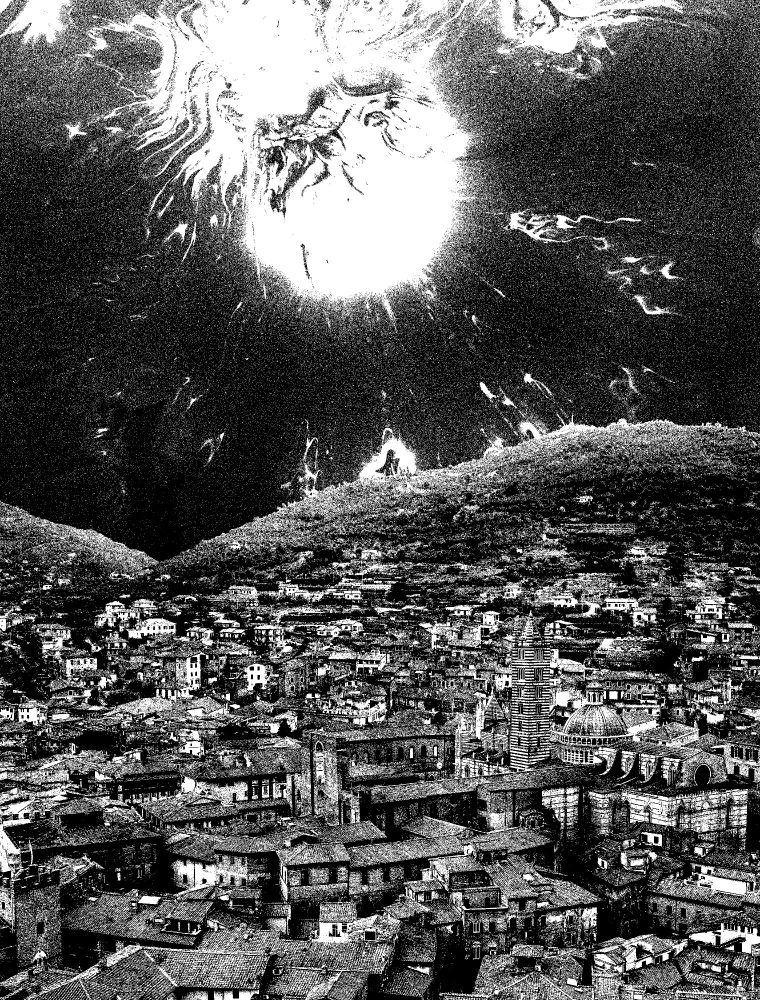 Panoramic view of a town nestled against hills. The apocalypse or something is happening? It's a work in progress, so I haven't figured it out yet.