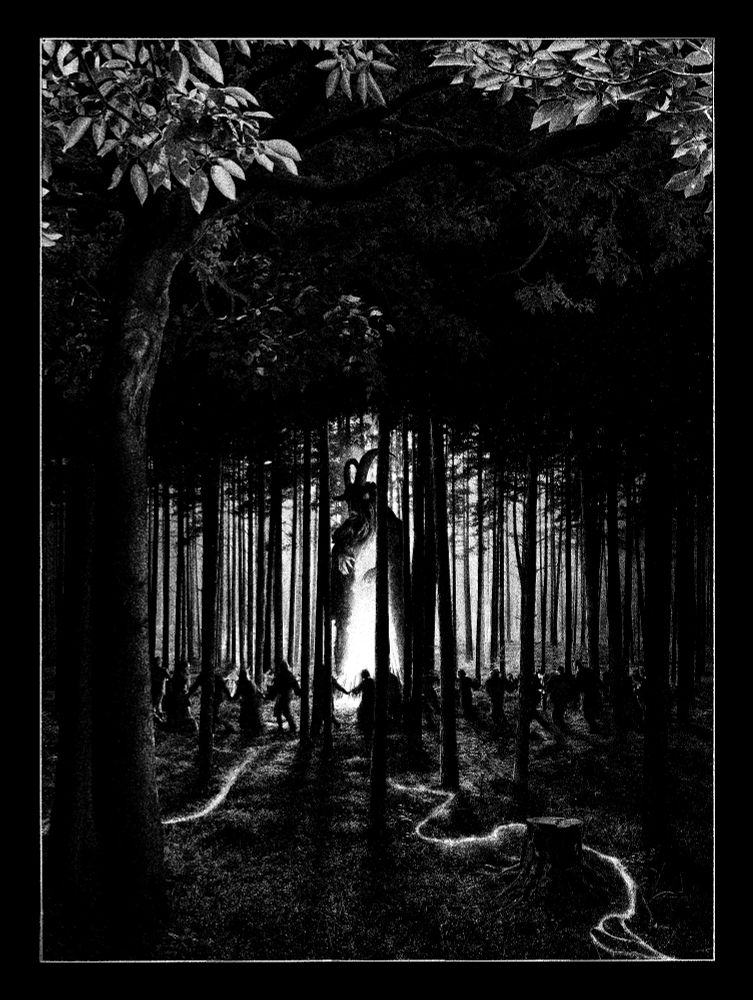 Baphomet stands tall behind a bonfire in the darkened woods. A circle of celebrants revolves around him. Mist moves in toward the fire.