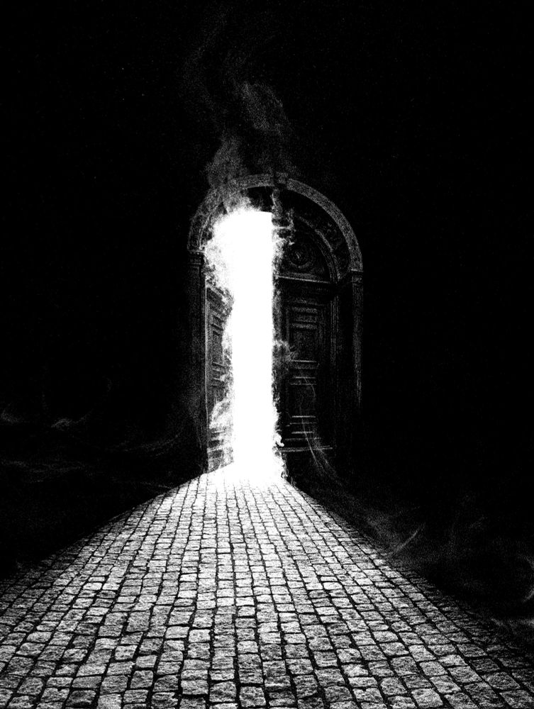 An ancient door swings open and a horrible light erupts out in a sharply defined wedge against the darkness. There is a mist or smoke beginning to emerge with the light.