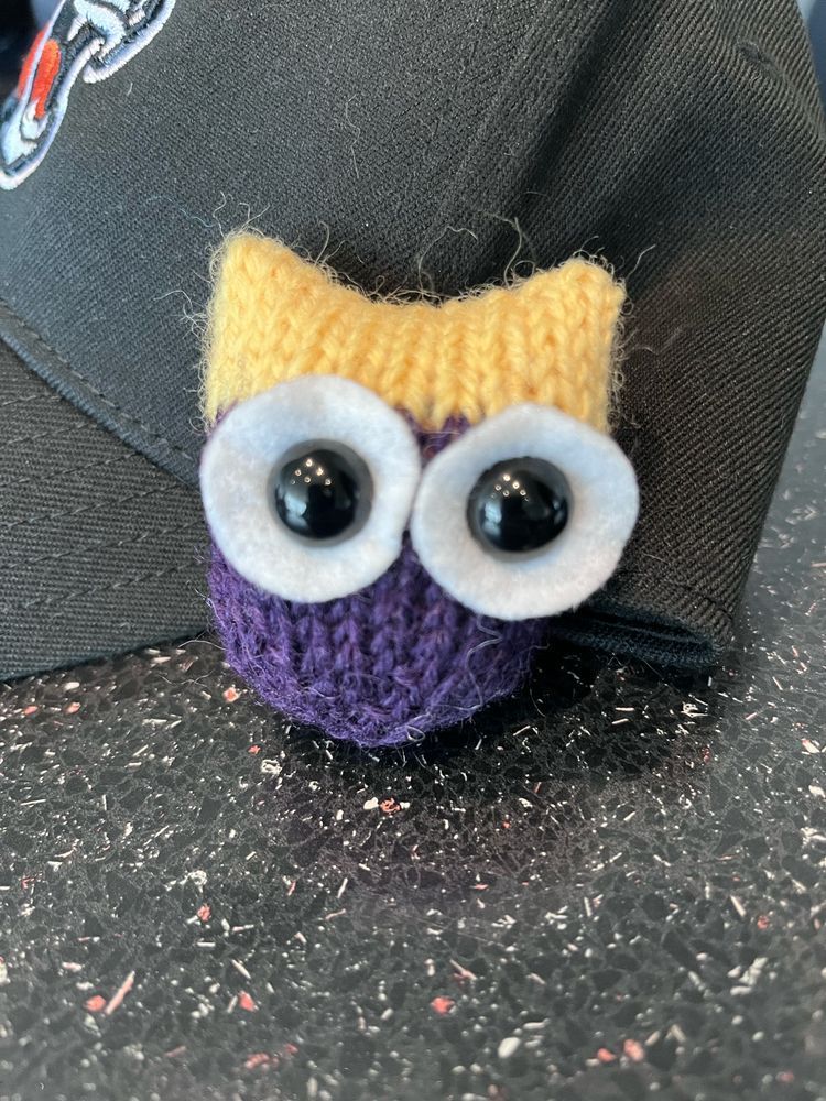 A tiny knit owl with big eyes (black plastic surrounded by white felt). The owl is purple on the bottom and yellow on the top. 