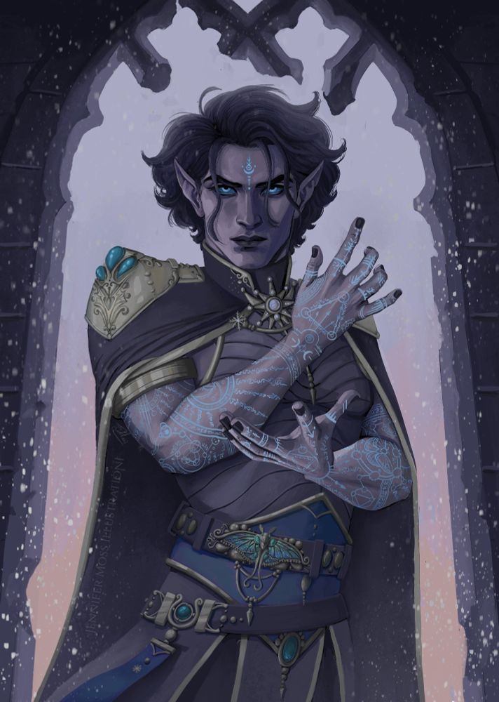 Seren - Winter Eladrin Divination Wizard. Lilac skin, dark blue hair, with blue glowing arcane tattoos on arms and forehead. Wearing purple form fitting robes with lots of fey and winter jewellery. Standing in a medieval stone archway as its snowing outside 