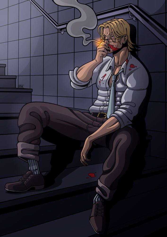 An illustration of a blonde man in a white shirt, loose light blue tie and brown pants and shoes smoking a cigarette while sitting on the steps of an underpass. The looks like he just got out of a fight having a bloody nose, as well as blood stains on his shirt, and a tired messy look.