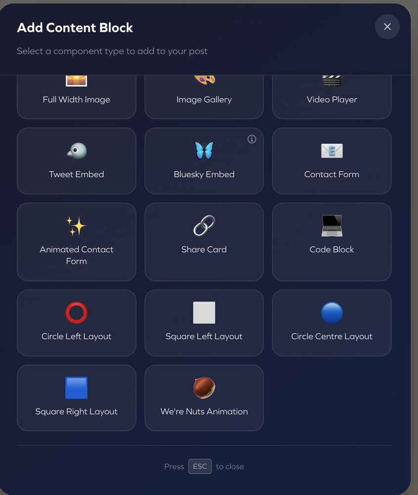 Add Content Block" modal with component options including Full Width Image, Image Gallery, Video Player, Tweet Embed, Bluesky Embed, Contact Form, Animated Contact Form, Share Card, Code Block, Circle Left/Centre layouts, Square Left/Right layouts, and a "We're Nuts Animation" option with an acorn icon.