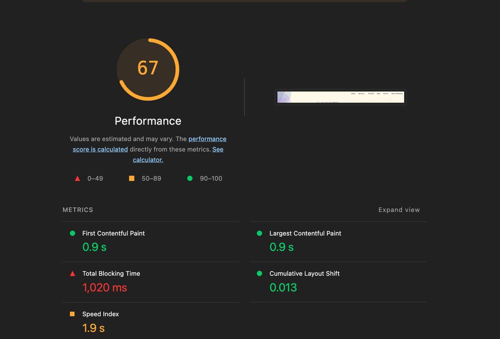 Web performance report showing an overall score of 67 out of 100 (orange/needs improvement range). Key metrics displayed: First Contentful Paint at 0.9 seconds (good), Largest Contentful Paint at 0.9 seconds (good), Total Blocking Time at 1,020 milliseconds (poor, shown in red), Cumulative Layout Shift at 0.013 (good), and Speed Index at 1.9 seconds (needs improvement, shown in orange). The score ranges are indicated with red triangle for 0-49, orange square for 50-89, and green circle for 90-100.