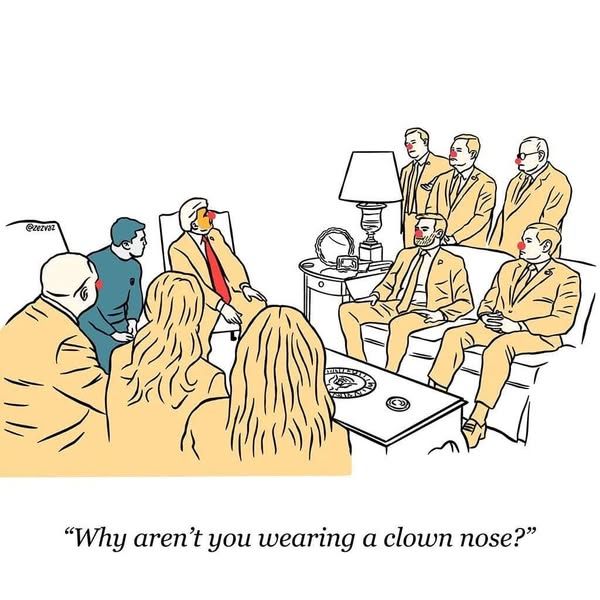 The president of Ukraine in the Oval Office, and VP Vance asks him why he isn't wearing a red clown nose like everyone else in the room.