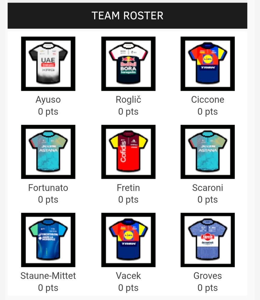 Velogames Team Roster Giro 2025 mit Ayuso, Roglič, Ciccone, Fortunato, Fretin, Scaroni, Staune-Mittet, Vacek, Groves