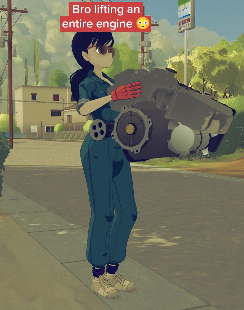 Keiko, the character from Honcho lifting an entire engine.