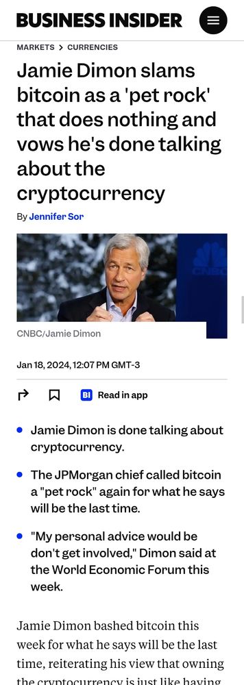 Screenshot of a news article from Business Insider in January 2024, where Jamie Dimon, CEO of JP Morgan, calls bitcoin "a pet rock"