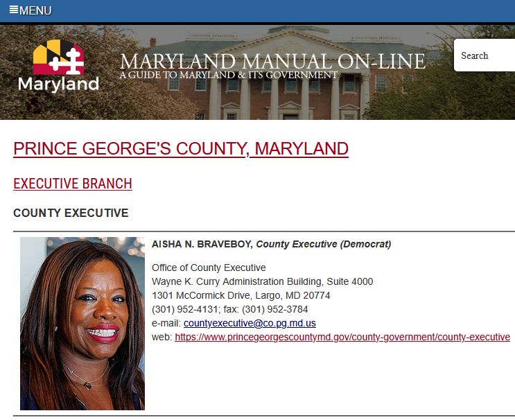 A screenshot of the Maryland State Archives biography page for Aisha Braveboy on June 22, 2025. From the previous screenshot, Braveboy's portrait has been updated to a more recent photo and her position has changed from "state's attorney" to "county executive".