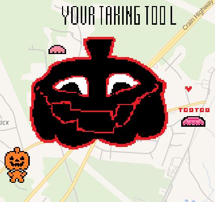 Jackenstein's pumpkin with the text "YOUR TAKING TOOL" above it. A small dancing pumpkin and two tutus surround it.