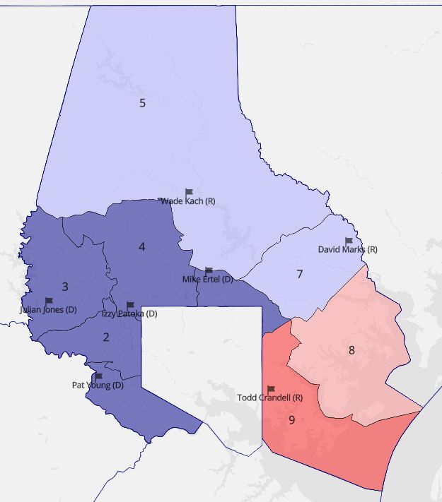 2024 presidential election results by district under the Baltimore County Council's proposed redistricting plan, with incumbent councilmembers' residences marked