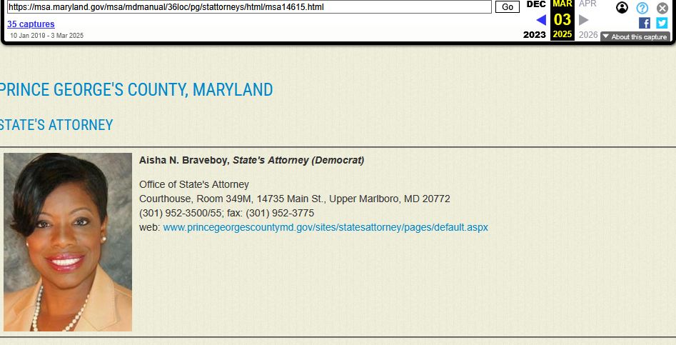A screenshot of the Maryland State Archives biography page for Aisha Braveboy on March 3, 2025