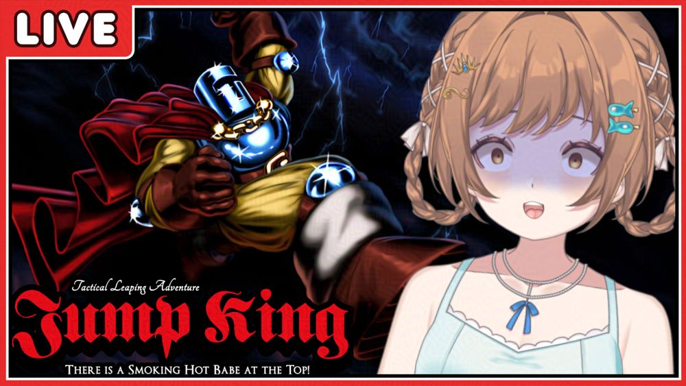 v_nessAHH 3.0 looking scared with the Jump King character looking like he's kicking her (lol). On the bottom left is the Jump King logo. Around the picture is a red frame with the words "LIVE" on it