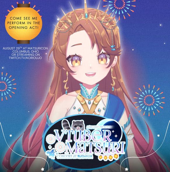 v_nessAHH smiling with a logo on the bottom saying "Kori Oujo presents: Vtuber Matsuri, Concert at Matsuricon". On the top left there is a lantern that has text in the center saying "Come see me perform in the opening act!". Directly below the lantern states, "August 29th at Matsuricon Columbus, Ohio or streaming on twitch.tv/korioujo"