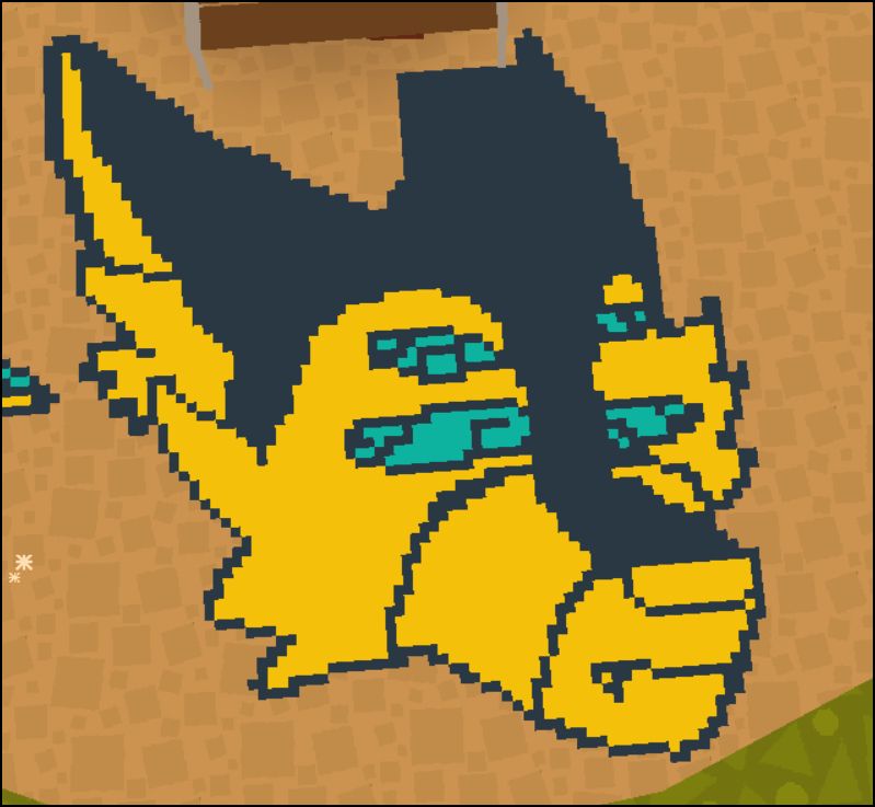 a pixel drawing of a dog wolf, the drawing is in black, yellow, and blue. 