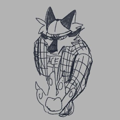 a sketch drawing of a dog wolf reaching out towards the camera, they're wearing a plaid overshirt with a shirt saying "ace" along with a beanie saying "ace" as well.  