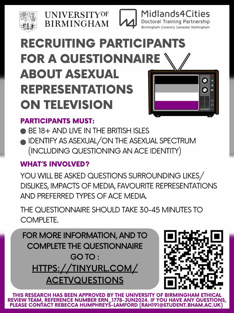 Recruitment poster saying: “recruiting participants for a questionnaire about asexual representations on television
Participants must be 18+, live in the British Isles, and identify as asexual/on the asexual spectrum (including questioning an ace identity)
What’s involved? You will be asked questions surrounding likes/dislikes, impacts of media, favourite representations and preferred types of ace media. The questionnaire should take 30-45 minutes to complete.
For more information, and to complete the questionnaire go to: Https://tinyurl.Com/acetvquestions 
This research has been approved by the University of Birmingham ethical review team, reference number ern_1778-jun2024. if you have any questions, please contact rebecca humphreys-lamford (rah191@student.bham.ac.uk)”
