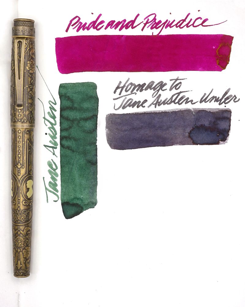 Fountain pen and three ink swatches, all inspired by Jane Austen