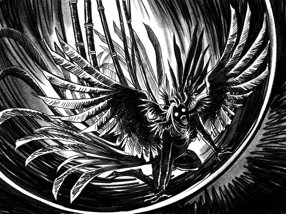 Digital art piece in stark black-and-white featuring the artist's persona as a plant from Trigun. An angelic female figure trapped in a great glass bulb, her wings and mass of feathers is spread outwards with an expression of abject agony or fury on her featureless face. Her screaming face is haloed by many pairs of small wings, her eyes and sharp teeth glow against the blackness of her face. The figure's skin and feathers are black like charcoal. This version lacks the crack in the glass, showing more of the plant's body kneeling on the surface of the bulb, claws splayed.