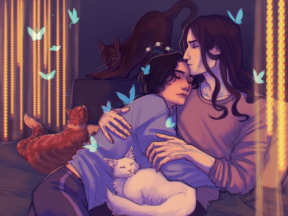 Alaric and Evra in Modern AU. They are cuddled up on a bed, surrounded by their three cats. A fluffy white one is curled up happily on Evra's lap while the ginger and the brown cat are playing on the bed behind them. Alaric is dressed in soft comfortable clothes. He's pressed against Evra's side, dozing off on his shoulder, arms tightly wrapped around his boyfriend. Evra is unmasked, his blue veins on full display sneaking up his neck and down his wrists, his long dark hair is let down. He holds Alaric and presses a gentle kiss against his forehead. They are surrounded by illusory blue butterflies and the soft glow of beaded curtains to the sides of the bed. 