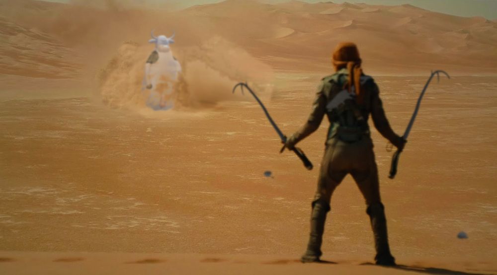 Here comes the giant sand cow, lured by a handled lob throbber and an un-handled lob throbber. The rider await the cow's appraoch, Fremen prongles akimbo.