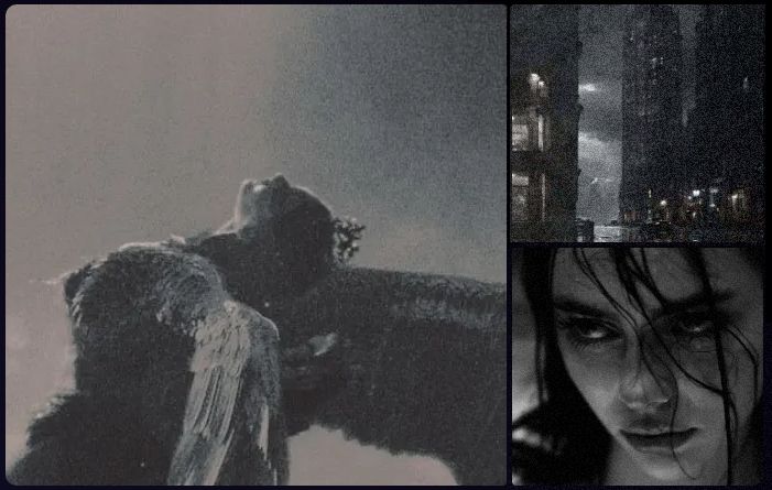 3 images, first image on left is the character 'Nina' from the movie black swan during the scene where she has swan wings. Top right is a city image at night. Bottom left is a woman with wet hair, focused on face. All greyscale/sepia tones and grainy.