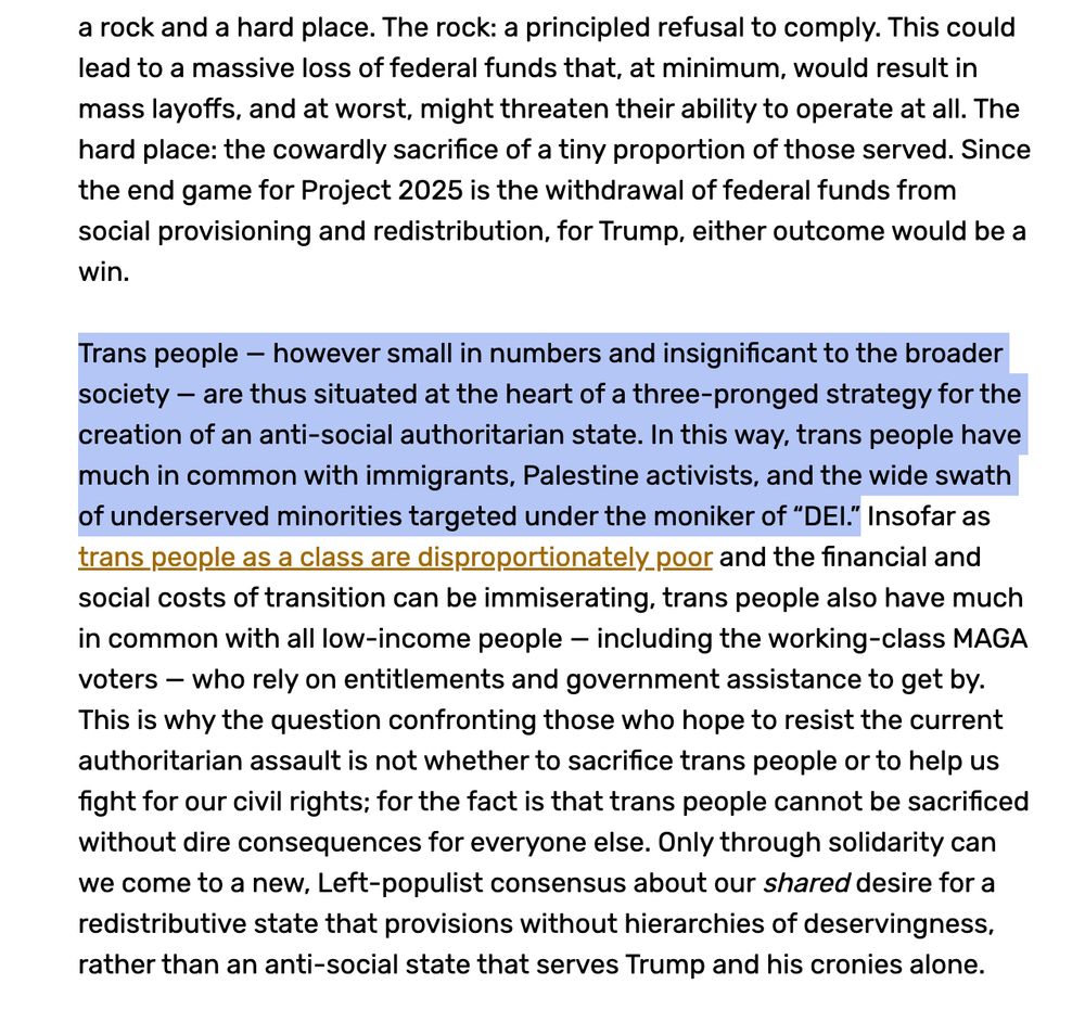 From screencap of linked article: "Trans people — however small in numbers and insignificant to the broader society — are thus situated at the heart of a three-pronged strategy for the creation of an anti-social authoritarian state. In this way, trans people have much in common with immigrants, Palestine activists, and the wide swath of underserved minorities targeted under the moniker of 'DEI.'"