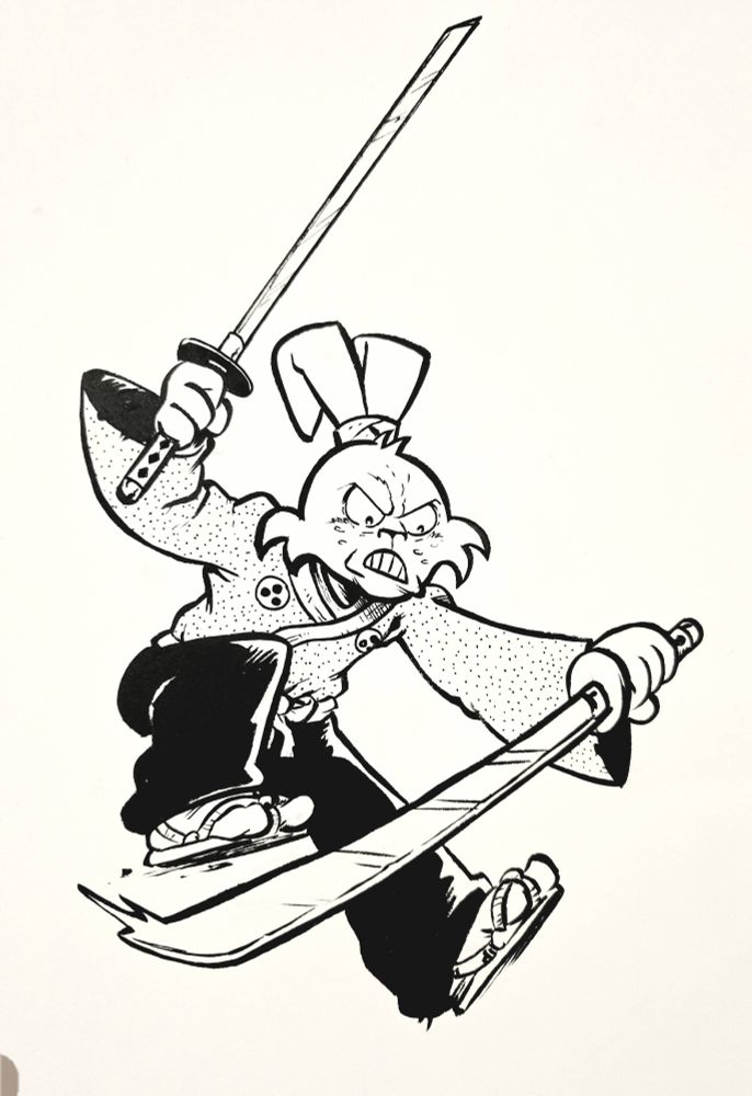 Black and white ink drawing of Usagi Yojimbo leaping midair, katana raised in right hand and left hand, also holding a katana, sweeping down in attack