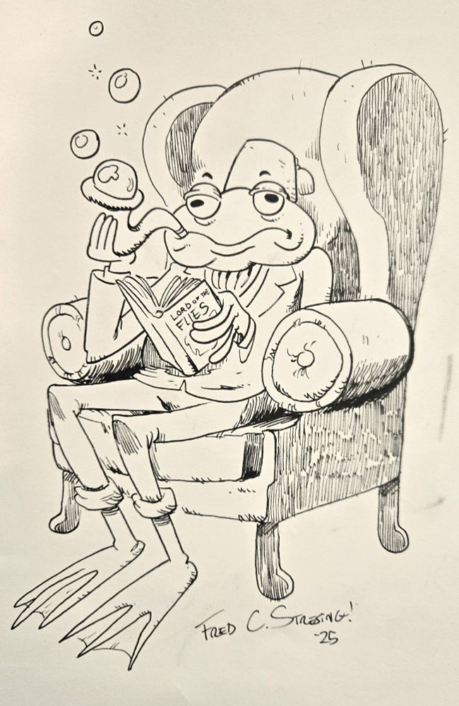 A frog smoking a bubble pipe sits in a large chair and reads "Lord of the FLIES"