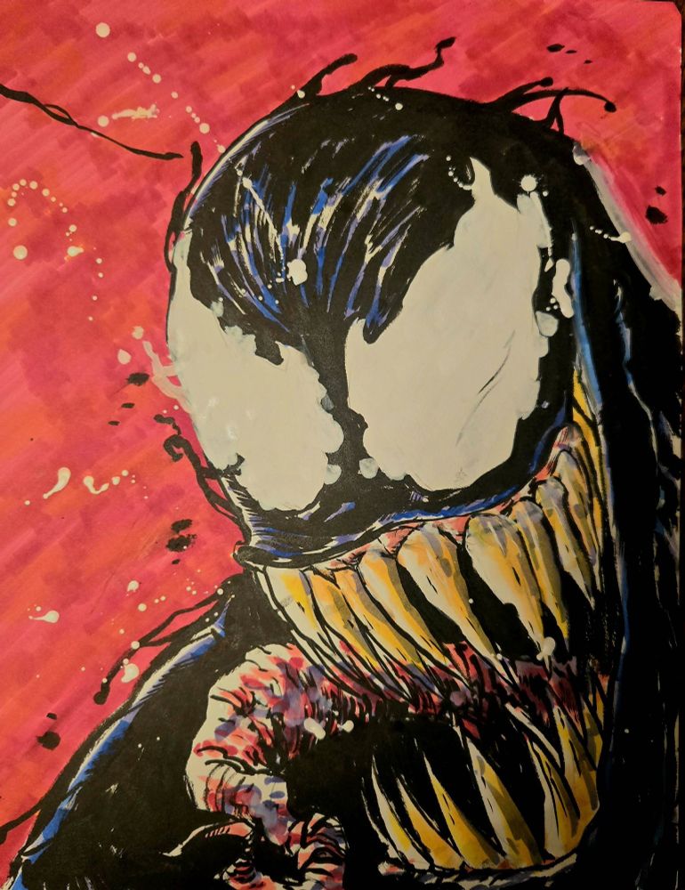 Venom, drawn in copic with posca marker spatter. It's mostly a shot of Venom's head, with a red background.