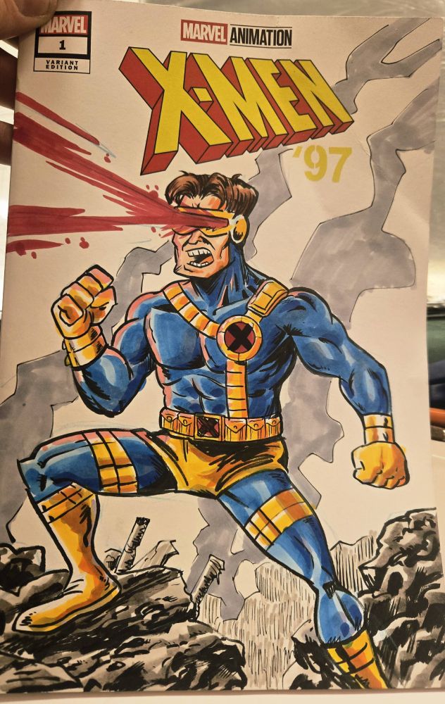 X-Men 97 Sketch Cover Art featuring Cyclops standing on 90s rubble and firing off an optic blast. I have never drawn Cyclops before really, so this was interesting!