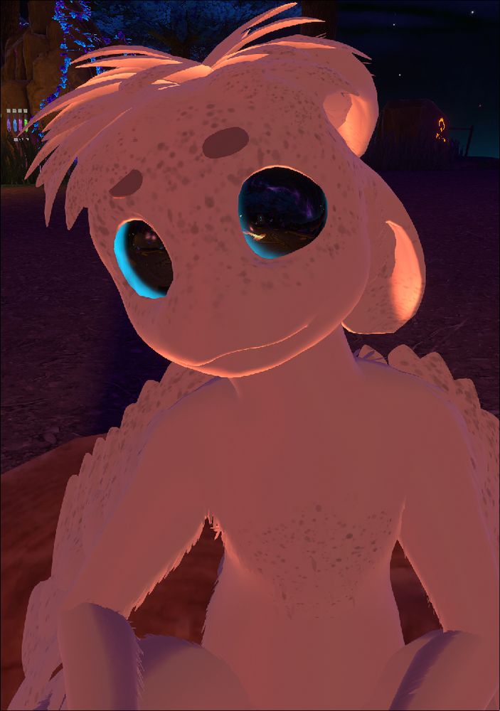 a white avali with grey speckles and blue eyes looking up at the camera