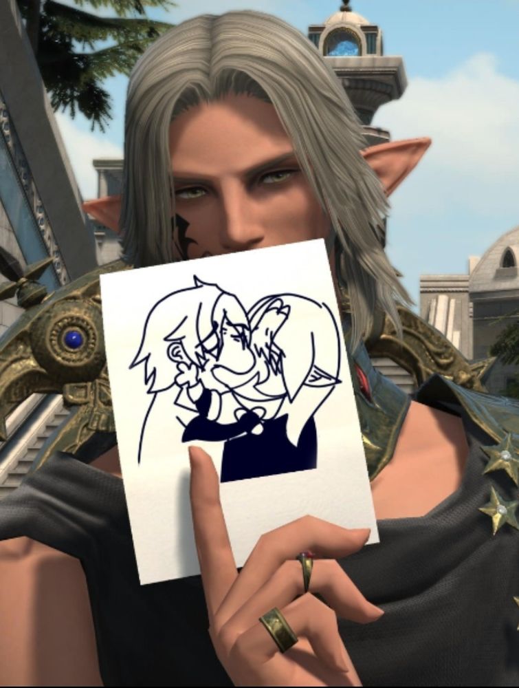 Urianger holding up a doodle of thanuri