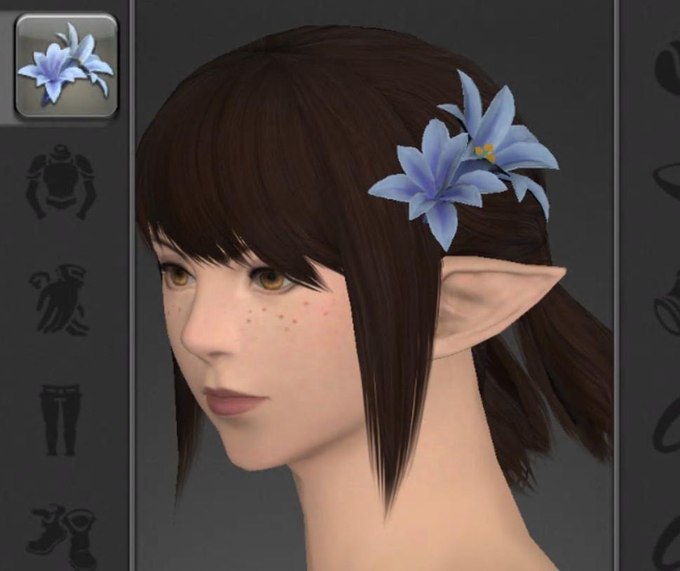 elezen Mia with blue flowers in her hair
