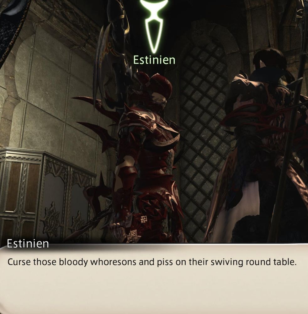 Estinien Wyrmblood in Heavensward expansion of Final Fantasy XIV saying "Curse those bloody whoresons and piss on their swiving round table."