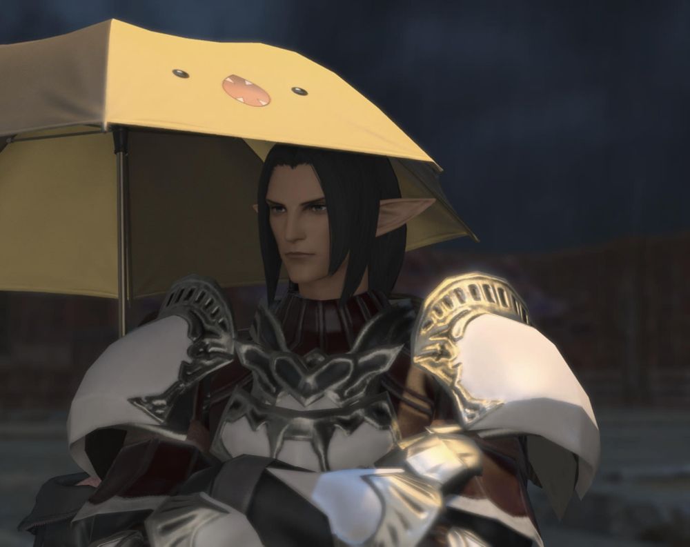 screenshot of Alxaal with the SCREEEEE umbrella over his head. He has his arms crossed with a plain expression