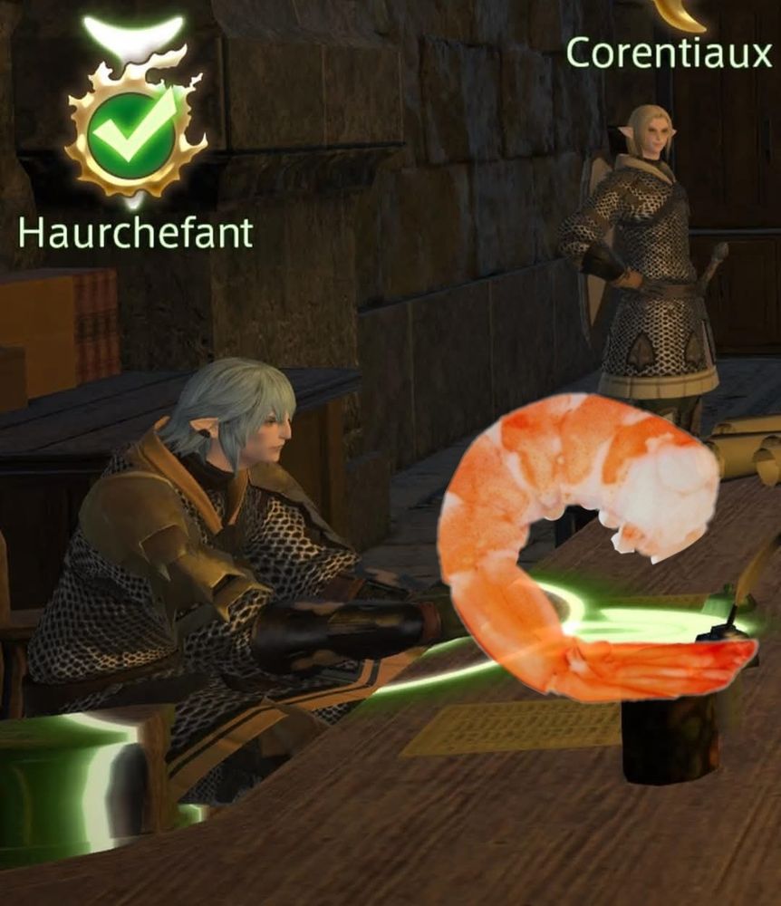 Screenshot of Haurchefant from the critically acclaimed mmorpg final fantasy xiv hunched over his desk with an image of a shrimp beside him showing his posture