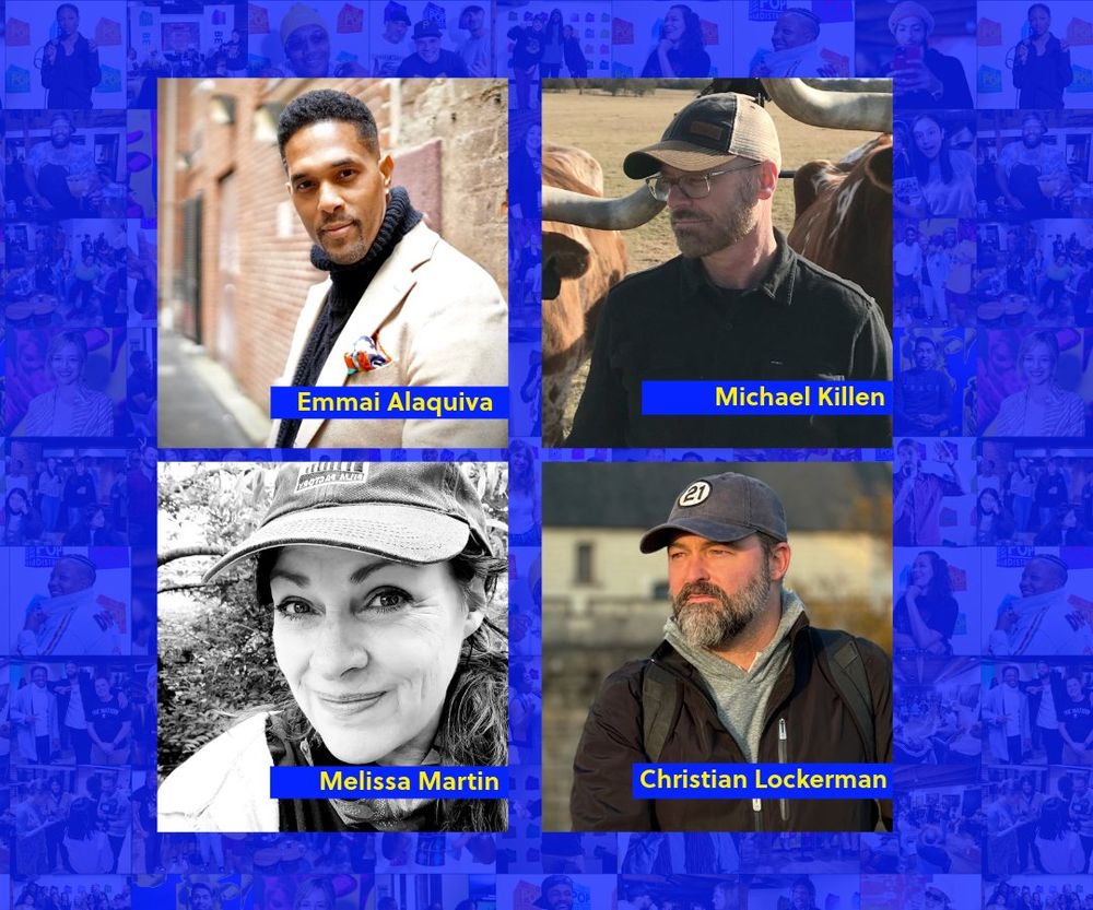 Collage featuring photos of four individuals, each labeled with their names: Emmai Alaquiva, Michael Killen, Melissa Martin, and Christian Lockerman, set against a blue background made our of muted photographs.