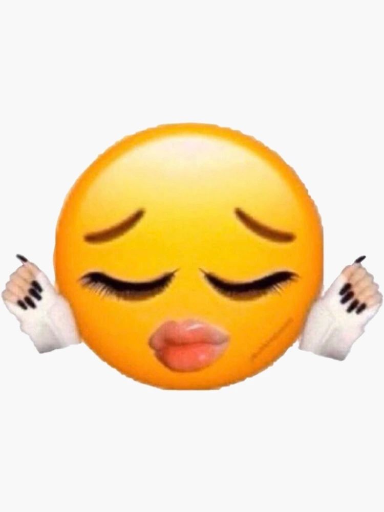 A doctored image of an emoji with long eyelashes, plump, glossy lips, and nail extensions