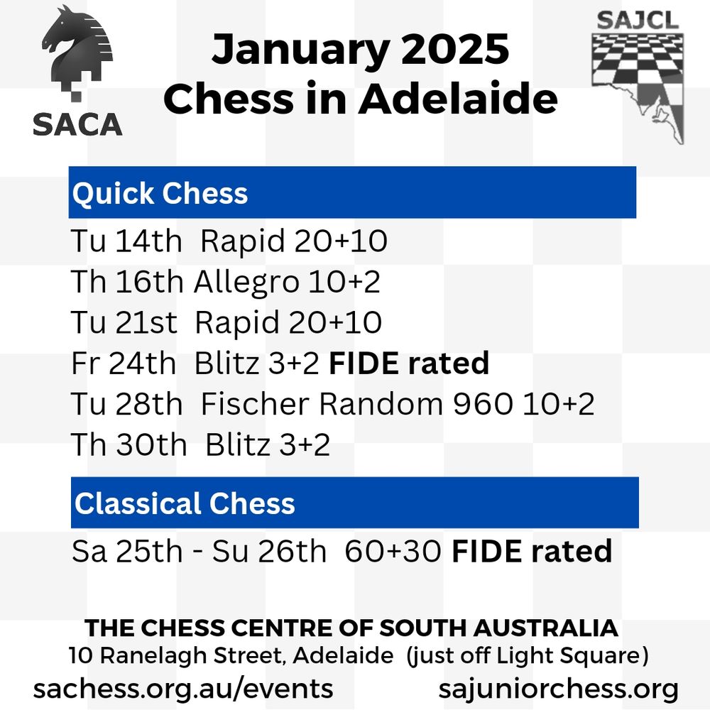 Calendar of chess events in Adelaide SA Australia with & quick classical tournaments 