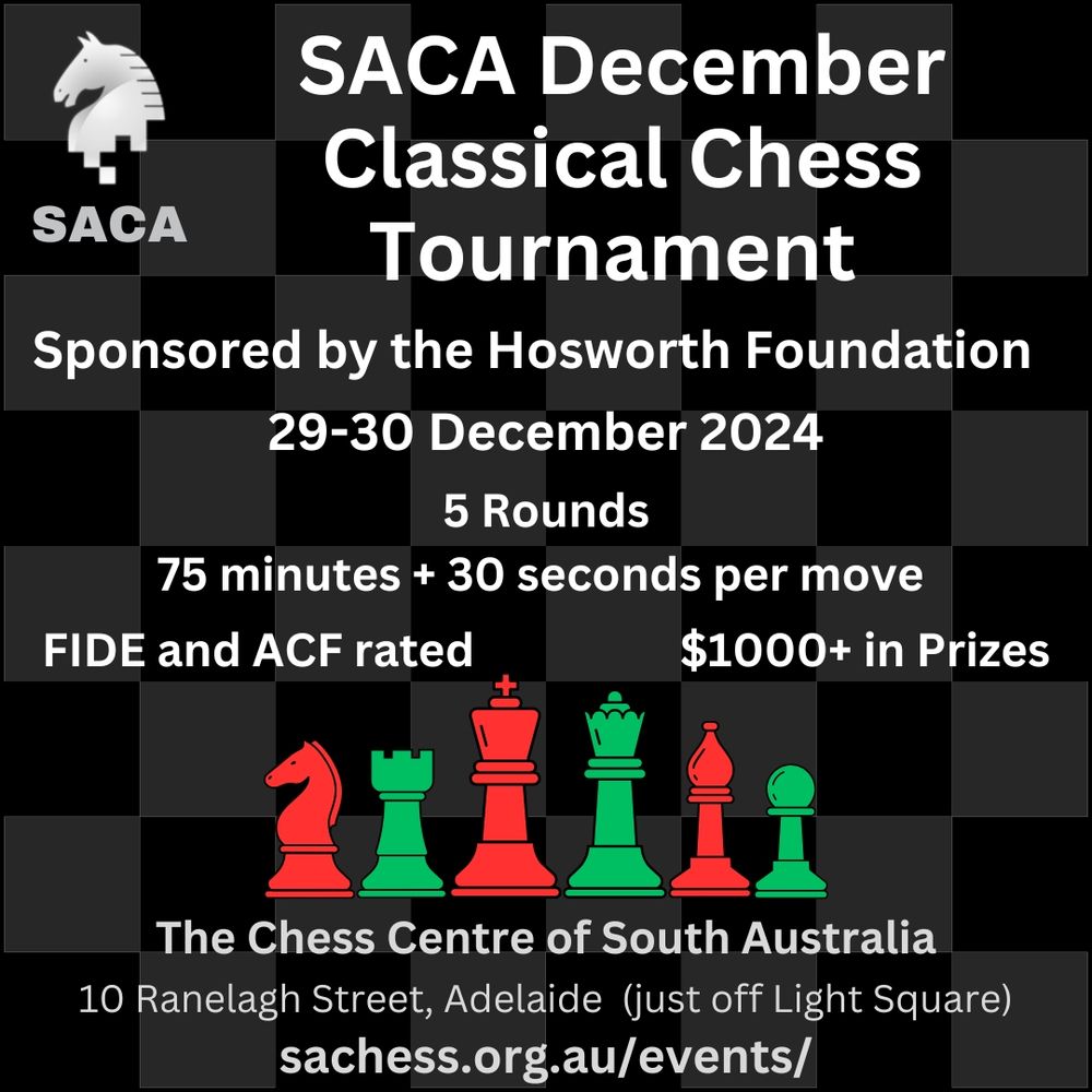 SACA December Classical Chess Tournament, 29-30 December, FIDE rated, 5 rounds of 75+30, Adelaide Australia 