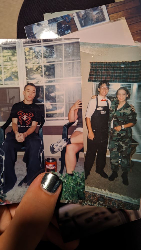Two photos, one of me in a Nonpoint shirt and Jncos, another with my sister during her boot camp sabbatical. I am wearing a Steak N Shake uniform.